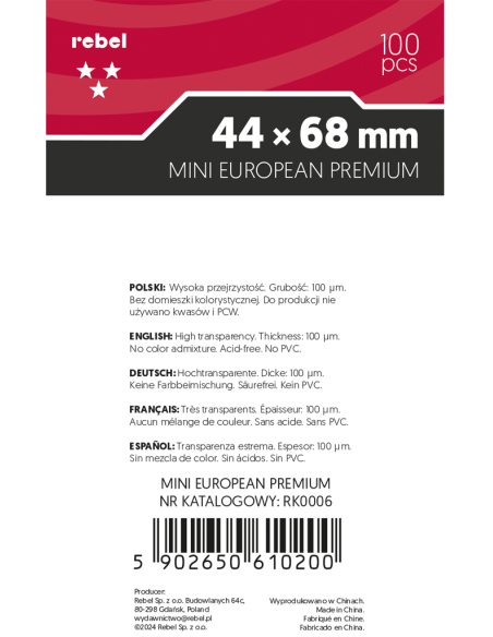 Koszulki na karty Rebel Premium Ara (44x68 mm), 100 sztuk